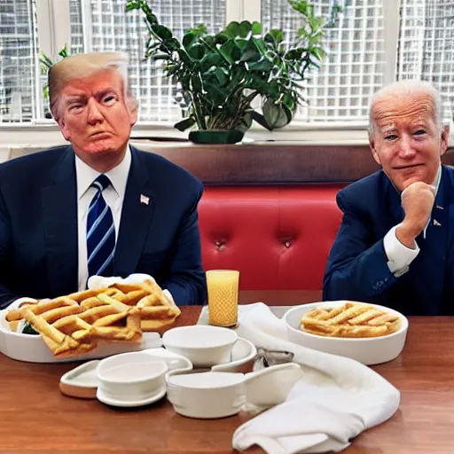 Image similar to photograph of trump and Biden sitting and eating breakfast at a Wafflehouse