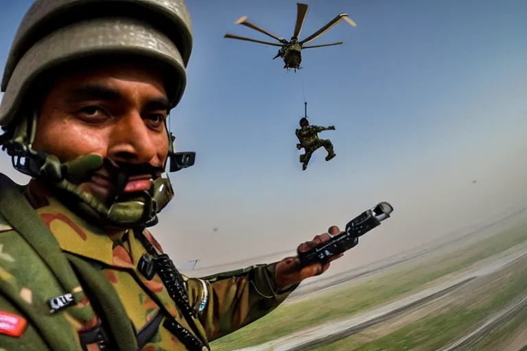 Image similar to closeup portrait of bangladesh army commander jumping from a helicopter, gopro cinematic shot, motion still, atmospheric