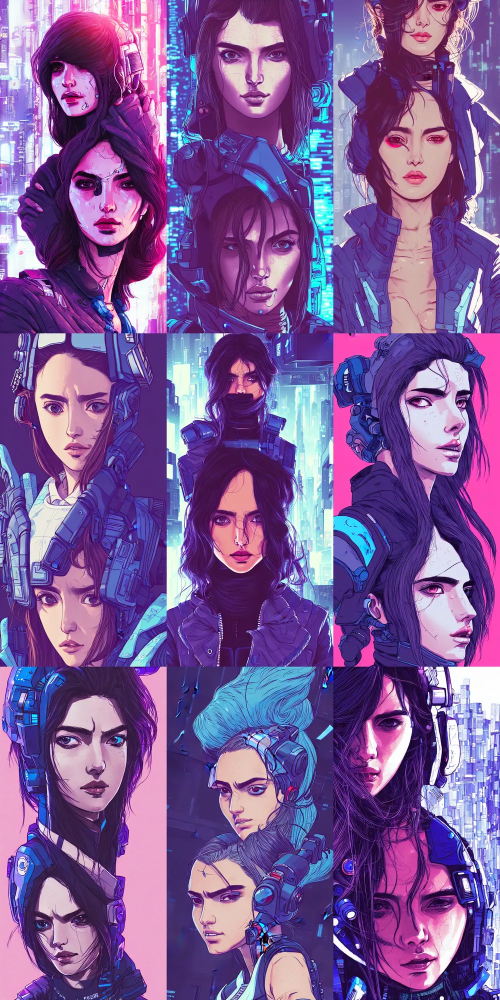 Prompt: detailed close - up photography of ana de armas portrait cyberpunk clothes and hair in a tokyo street, trending on artstation, by josan gonzalez, flat colors