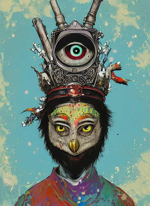 Prompt: arrogant medieval portrait of white owl with one giant eye dressed in samurai garment, pixiv fanbox, dramatic lighting, maximalist pastel color palette, splatter paint, pixar and disney exploded - view drawing, graphic novel by fiona staples and dustin nguyen, peter elson, alan bean, wangechi mutu, clean cel shaded vector art, trending on artstation
