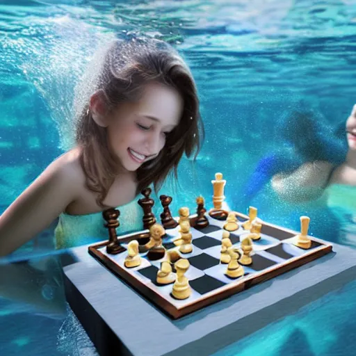 Image similar to Cute girls are playing chess underwater, photorealistic render