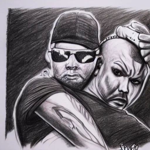 Image similar to drawing of static x singer dwayne static hugging fred durst singer of limp bizkit, drawing, sketch, realism,