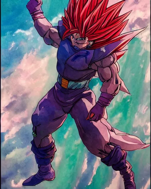 Image similar to a watercolor painting full body character portrait of a super saiyan superhero in the style of moebius in the style of cyberpunk trending on artstation deviantart pinterest detailed realistic hd 8 k high resolution