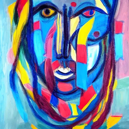 Image similar to abstract expressionist oil painting of a face surrounded by abstract ribbons, blue color palette