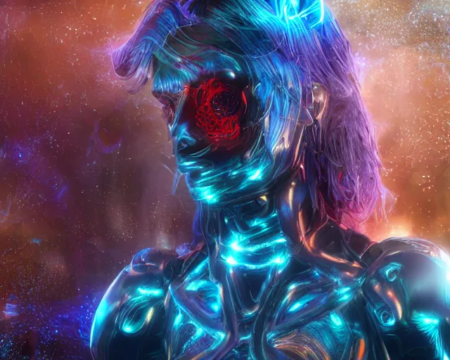 Prompt: complex cybernetic beings, glowing hair, beautiful hairy humanoids, demigods, cybermagnetospheres, cybernetic civilizations, ornate hair, love, joy, vortexes, large arrays, data holograms, 8 k, cinematic light shadows, wet hdr refractions, volumetric