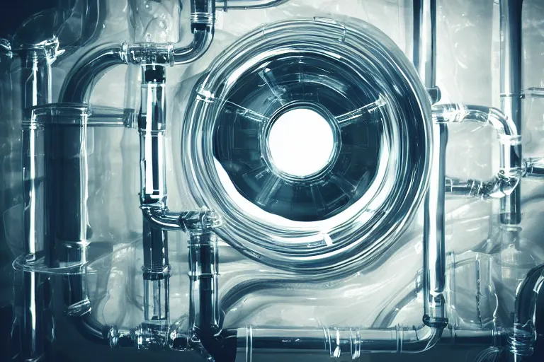 Prompt: vector monitor screen showing clear plastic pipes transporting liquid through an endless y 2 k crt lined tunnel, porcelain floating through, low - light photograph, in style of chrome hearts