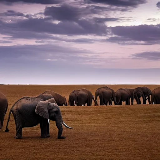 Image similar to an elephant herd in a vast plain, cinematic lighting, national geographic photography, masterpiece, wide angle, canon eos r 3, f / 1. 4, iso 2 0 0, 1 / 1 6 0 s, 8 k, raw, unedited, symmetrical balance