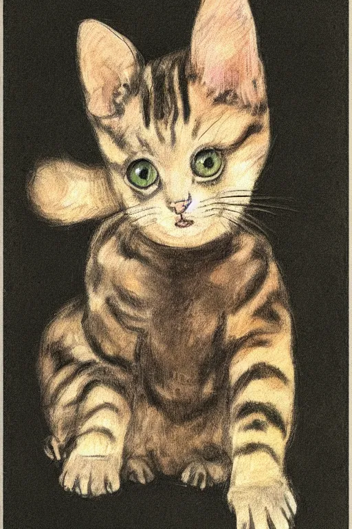 Image similar to 8K UHD cute kitten with floppy ears, drawing by Henry de Toulouse Lautrec, very detailed, matte, tone mapped