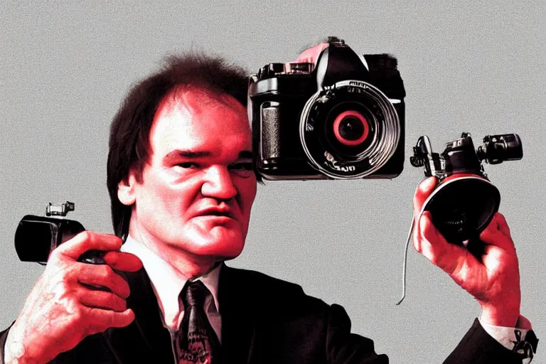 Prompt: Quentin tarantino holding a 16 mm camera, digital painting