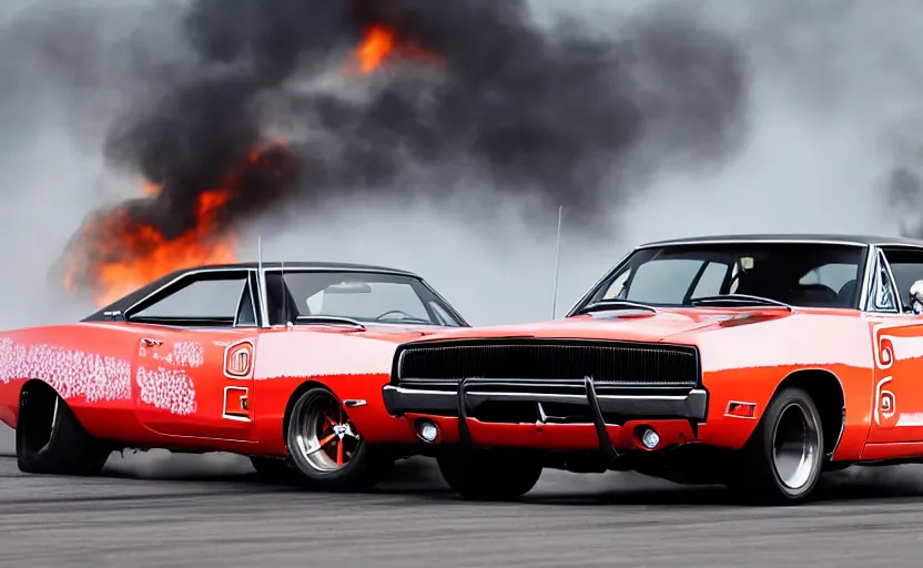 Prompt: a 1 9 6 8 dodge charger r / t drifting, fire explosion in the background