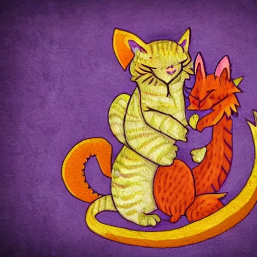 Image similar to small cute purple dragon, the dragon is hugging an orange tabby cat, fantasy, cozy