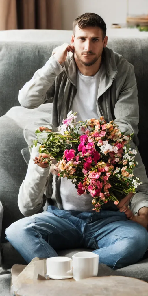 Image similar to a man sitting on the couch with a bunch of flowers in his hand