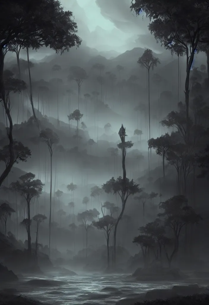 Prompt: forgotten society of tribal natives, large evil totems, gloomy sparse forest surrounding the blood rivers flowing through beach, visual novel key visual, award - winning digital art on pixiv, trending on artstation - cinematic lighting, dramatic lighting, stunning and beautiful scenery - highly detailed, hyperrealistic, unreal engine 5, in the style of kingdom hearts