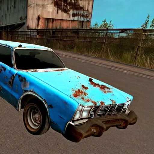Image similar to A screenshot of a rusty, worn out, broken down, decrepit, run down, dingy, faded chipped paint, tattered, beater 1976 Denim Blue Dodge Aspen in Forza Motorsport 2