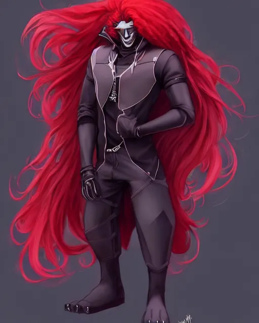 Prompt: character concept art of a black anthropomorphic furry male wolf with long red hair, futuristic | | cute - fine - face, pretty face, key visual, realistic shaded perfect face, fine details by stanley artgerm lau, wlop, rossdraws, james jean, andrei riabovitchev, marc simonetti, and sakimichan, artstation