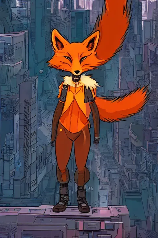 Image similar to a cyberpunk anthropomorphic fox with a fluffy tail staring over a futuristic city from the top of a roof, comic art, trending on furaffinity, cyberpunk, backlighting, cartoon