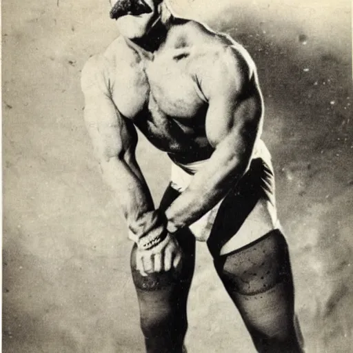 Prompt: vintage circus strongman with a mustache wearing a skimpy leotard and flexing his muscles