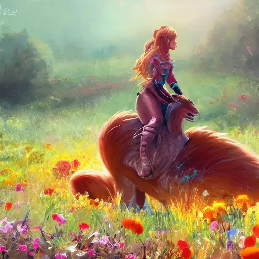 Image similar to girl riding a giant fox in a field of flowers, trending on artstation