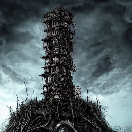 Image similar to giant evil bio-organic fleshy complex machine tower with tendrils and one eyeball at the top looking over a stormy post-apocalyptic wasteland, dystopian art