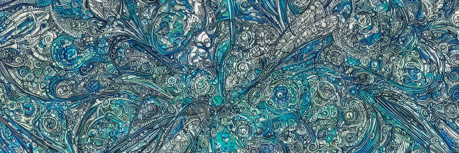 Image similar to shades of blue and green forming art nouveau explosions, white lining, vivid colors, intricate, ornate, circuitry, gears, sparkle, extremely hyperdetailed line art, sharp focus