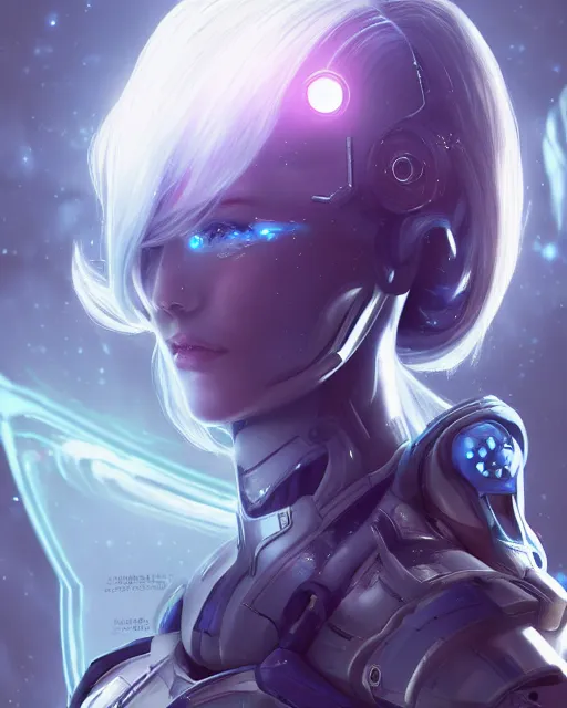 Image similar to perfect android girl on a mothership, warframe armor, beautiful face, scifi, futuristic, galaxy, nebula, raytracing, dreamy, long white hair, blue cyborg eyes, sharp focus, cinematic lighting, highly detailed, artstation, divine, by gauthier leblanc, kazuya takahashi, huifeng huang