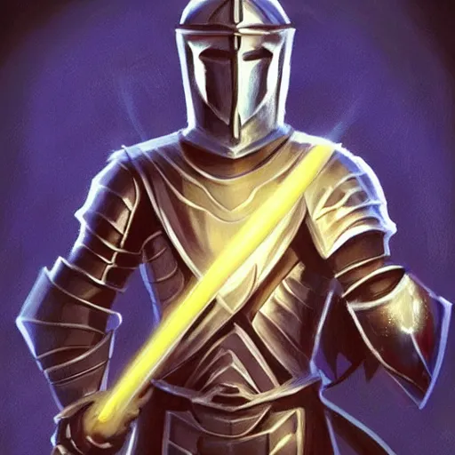 Prompt: Knight of the Light holds a glowing sword in front of him, fantastic art