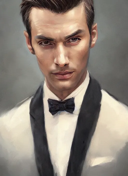 Prompt: a handsome man in formalwear. beautiful highly detailed face, looking directly at the viewer. painting by artgerm and greg rutkowski and magali villanueve.