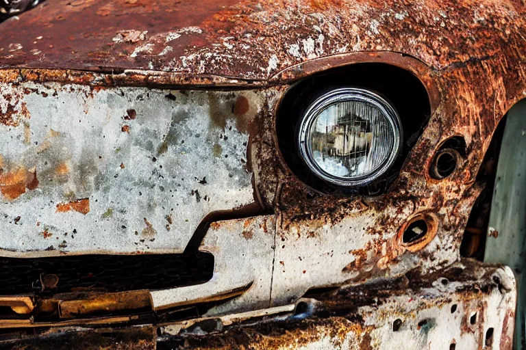 Image similar to A closeup of a rusty old mustang in an abandoned big workshop, sun lighting from above, taken with a Leica camera, overgrown foliage, ambient lighting, bokeh, sunset time, highly detailed art