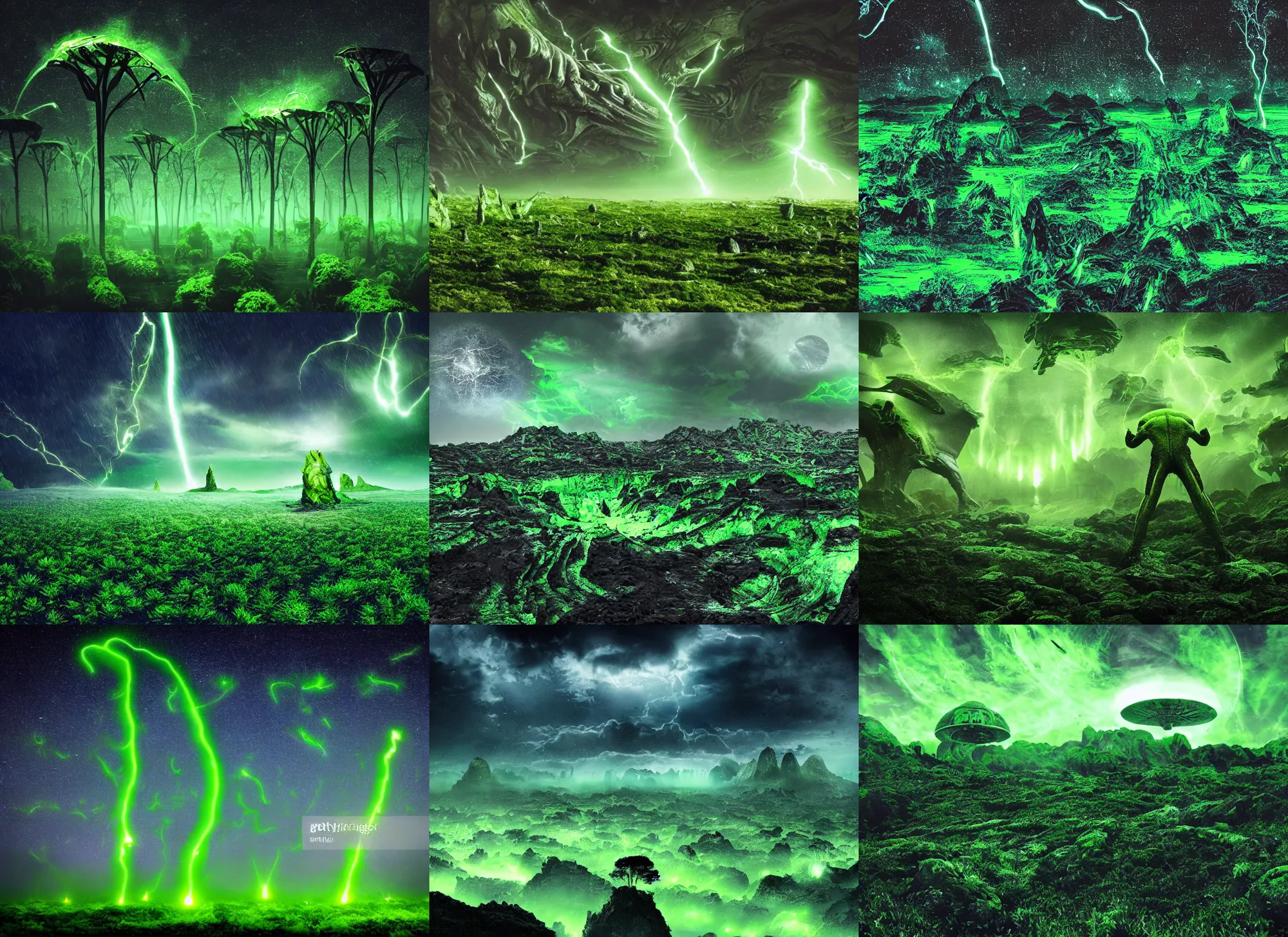 Prompt: alien landscape with green thunders, photo