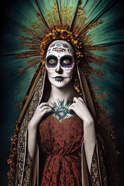 Image similar to photogravure virgin mary in dia de muertos dress and make up, head tiled back horrific beautiful vibe, evocative, atmospheric lighting, painted, intricate, highly detailed, leesha hannigan, wayne haag, reyna rochin, ignacio fernandez rios, mark ryden, iris van herpen, stunning, gorgeous, sharp focus, cinematic, masterpiece