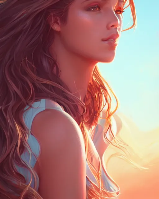 Image similar to summer vibes, beautiful sun tanned goddess portrait, flowy sunkissed hair, sun, summer, cinematic lighting, highly detailed, digital painting, trending on artstation, pixiv, concept art, sharp focus, illustration, art by ross tran and wlop