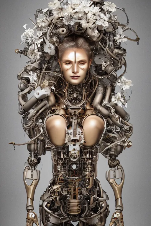 Image similar to a beautiful intricate fine art portrait photo of a cyborg with bionic implants, epic wavy hair spread out around her lined with white hibiscus, lying on a mandala, by natalie shau and michal karcz, masterpiece!, futuristic robot body, top view, studio lighting, golden ratio composition, 3 5 mm lens, deep depth of field, artstation, 8 k