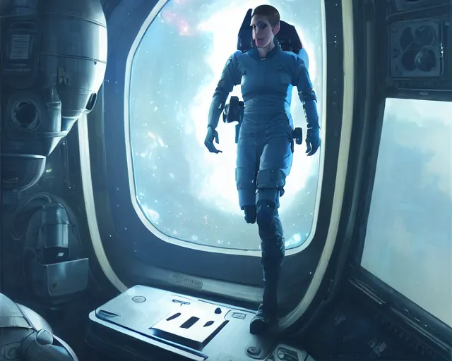 Image similar to highly detailed portrait of allison williams as an android in a space shuttle, in detroit : become human, stephen bliss, unreal engine, fantasy art by greg rutkowski, loish, rhads, ferdinand knab, makoto shinkai and lois van baarle, ilya kuvshinov, rossdraws, tom bagshaw, global illumination, radiant light, detailed and intricate environment