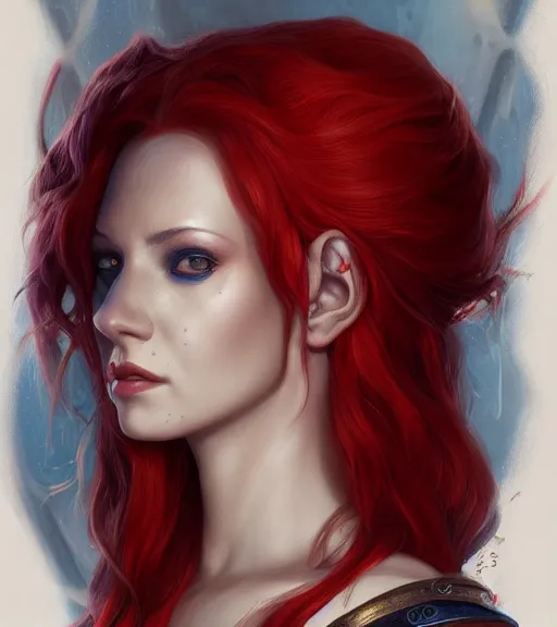 Prompt: A detailed matte oil on canvas head on symmetrical fanart portrait of a distinguished elven woman with red and blue hair by Charlie bowater and lise deharme wlop, trending on artstationhd, dungeons and dragons art critical role
