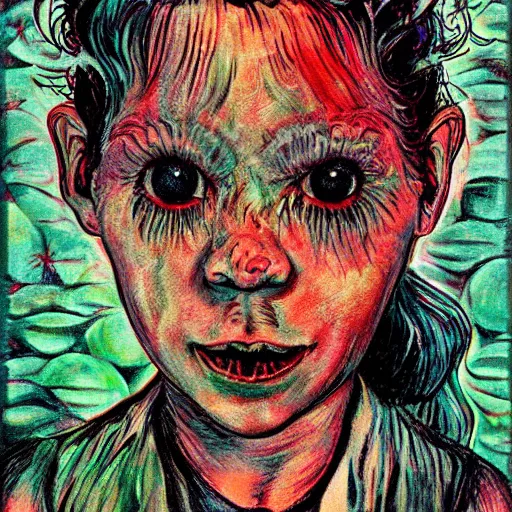 Image similar to a cute little girl, horror, hp lovecraft, hr giger, bernie wrightson,. stephen kasner, fauvism, terrifying, 8 5 mm f / 1. 8, detailed