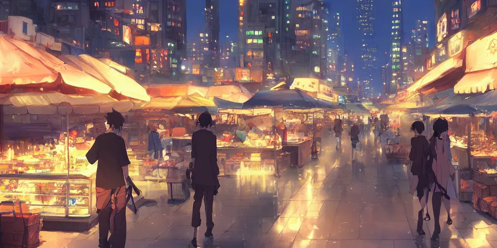 Image similar to Night downtown, all kinds of vendors, lighting, lively, atmosphere joyful, fine, high quality, by Makoto Shinkai