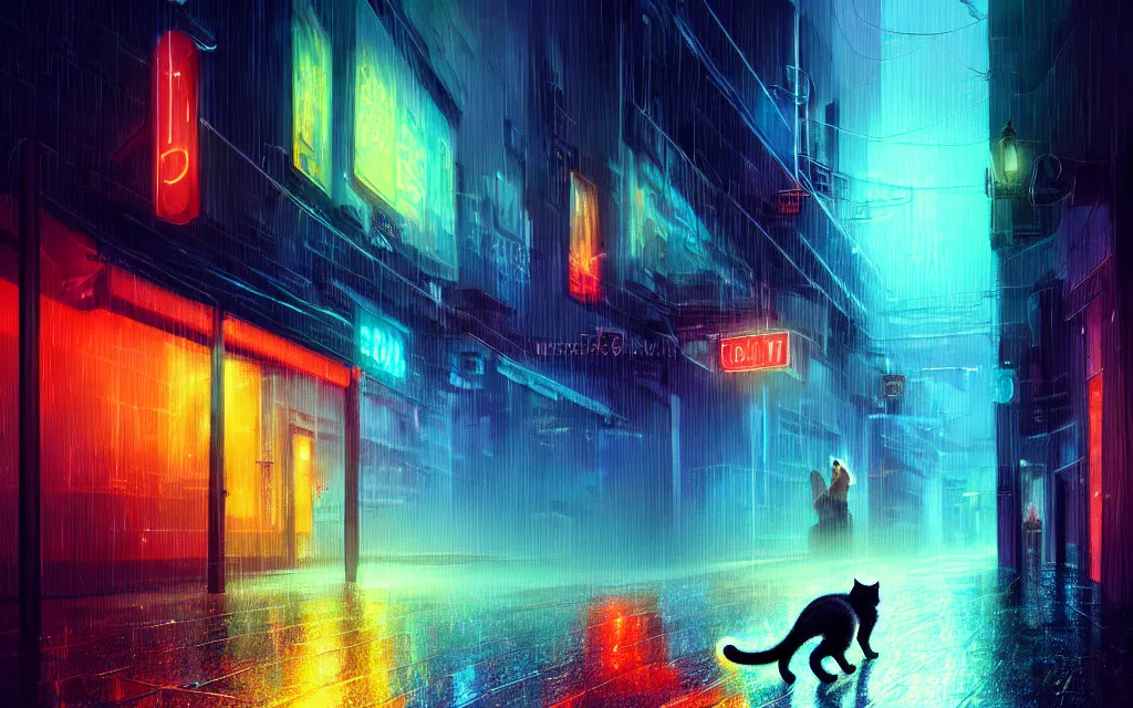 Image similar to cat running through heavy rain in a neon lit street at night by wlop, ultra detailed color art, high detail, digital art