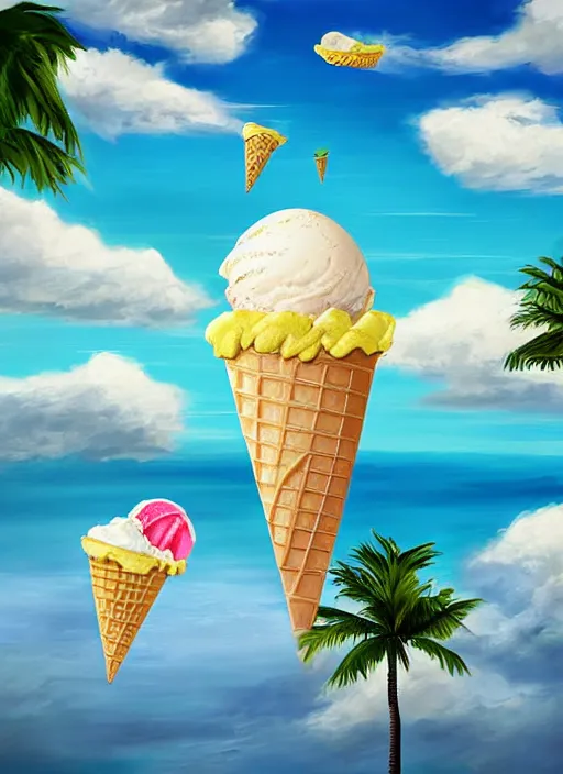 Image similar to ice cream floating in the sky over a tropical island by ralph goings, digital art