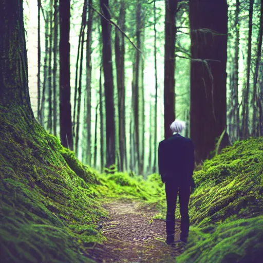 Image similar to kodak portra 4 0 0 photograph of a skinny blonde guy standing in dark forest on a glowing path, back view, flower crown, moody lighting, telephoto, 9 0 s vibe, blurry background, vaporwave colors, faded!,