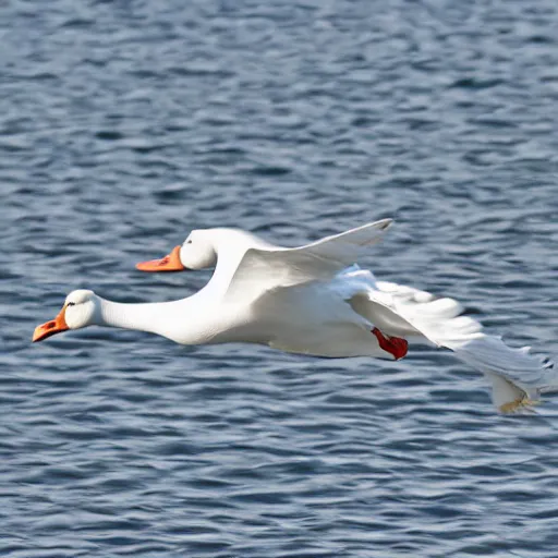 Image similar to dramatic shot of a white goose attacking a plastic goose