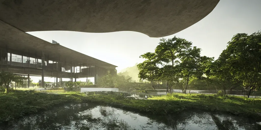 Image similar to a stunningly detailed arts center designed by Le Corbusier, surrounded by lush green forest, ponds of water, stunning volumetric lighting, sunset, metal, concrete, stunning skies, trending on Artstation, 8k, photorealistic, hyper detailed, unreal engine 5, IMAX quality, cinematic, epic lighting, in the style of Greg Rutkowski