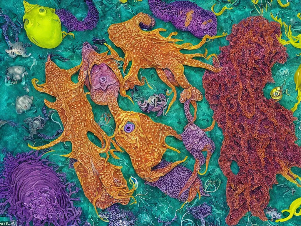 Prompt: deep sea marine creatures in vivid colours as seen through a scanning electron microscope on a dark backgound by leopold blaschka and rudolf blaschka