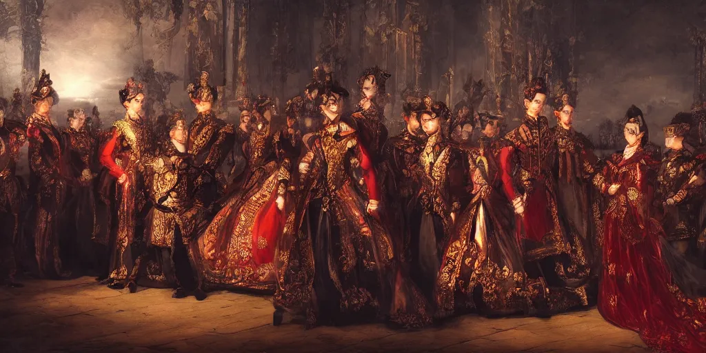 Image similar to Empress Sisi in a group of angry peasants at night, epic lighting, digital art