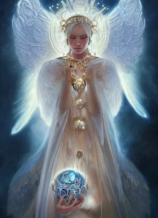 Image similar to A beautiful digital painting of a female Seraphim full of jewels, princess, the moon behind her, intricate, cinematic lighting, highly detailed, digital painting, Artstation, concept art, smooth, sharp focus, illustration, art by Tom Bagshaw, Artgerm and Greg Rutkowski