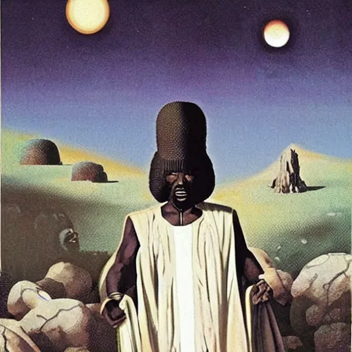 Prompt: an african moor wearing a white robe and ornate turban in the realm of lost souls by karel thole and wayne barlowe and zdislaw beksinki