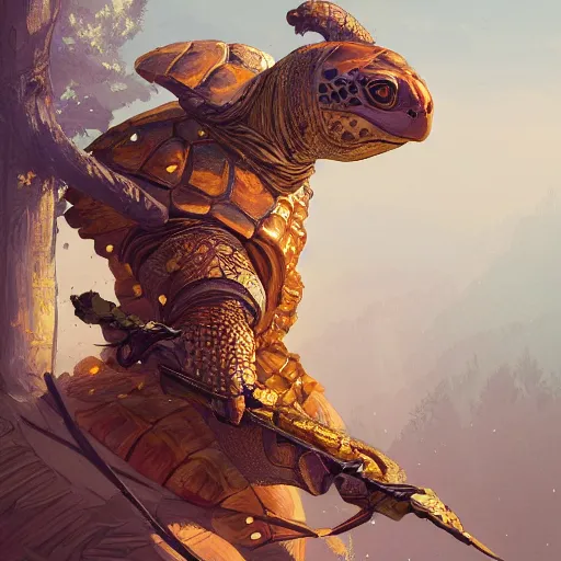 Prompt: a detailed portrait of a turtle warrior dressed with a golden armor, by victo ngai and greg rutkowski, digital art, realistic painting, very detailed, fantasy, dnd, trending on artstation