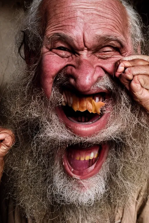 Image similar to a old laughing happy old man with 3 heads and 6 eyes, long hair, long beard, hanging upsidedown by steve mccurry