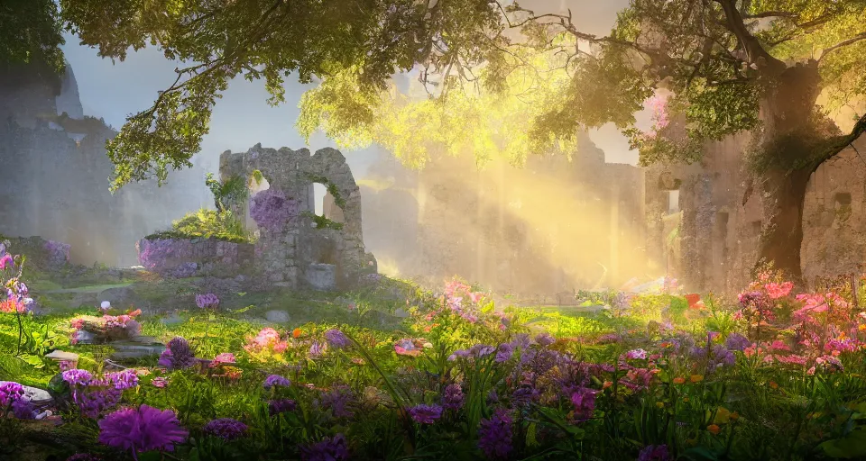 Prompt: castle ruins with colorful flowers and trees ; dramatic lighting, sunshine rays, cel - shaded, amazing depth, deep colors, masterpiece, amazing, beautiful ; behance hd, unreal engine 5, octane render, 8 k, photorealistic, hyperdetailed, photography