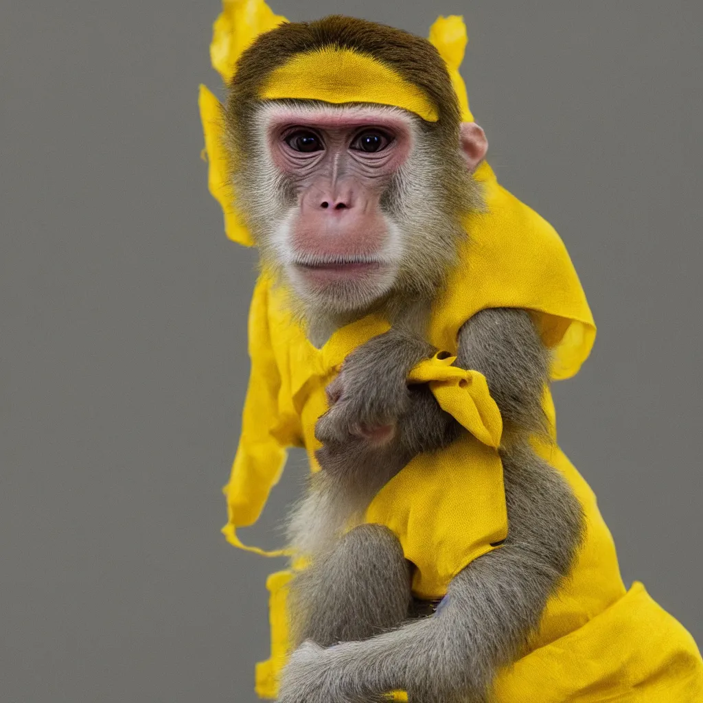 Image similar to a monkey wearing a yellow kimono, 8 k