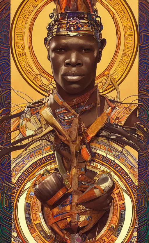 Image similar to a retro futuristic african tribal chief, art by joseph christian leyendecker, design blocking by alphonso mucha, poster design by drew struzan, highly detailed, digital painting, concept art, smooth sharp focus, intricate, symmetry,